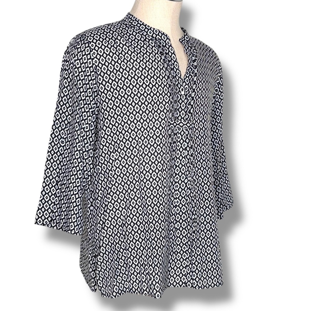 Counterparts Blouse XL Black White Geometric Pintuck 3/4 Sleeve Tunic 911P272HA